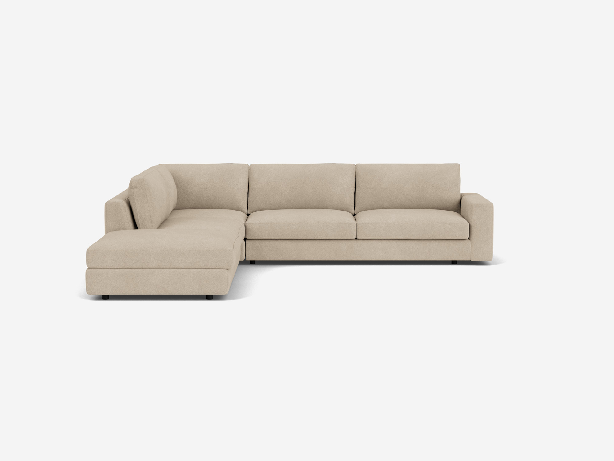 Front view of the Cello modern sectional couch in light biege fabric with left hand backless chaise